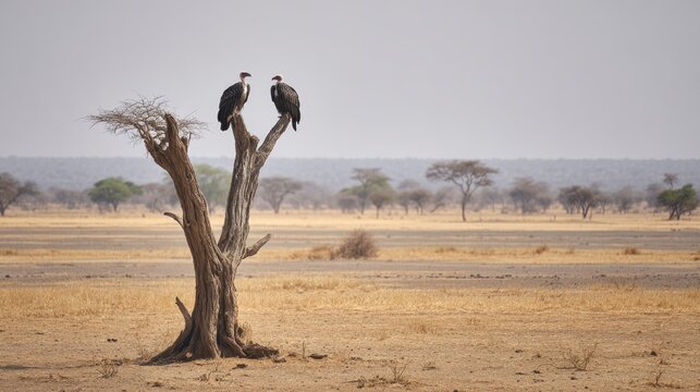 Two Black Vultures Perched on a Leafless Tree in the African Savanna Under a Cloudy Sky