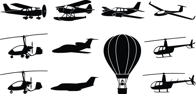 Set of aviation aircraft silhouettes including airplanes, helicopters, private jet, and a hot air balloon