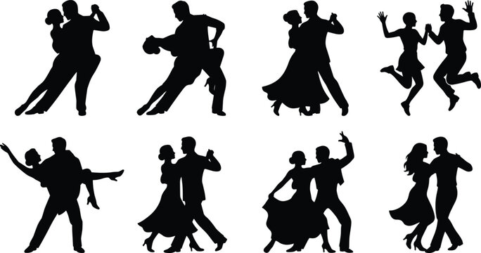 Set of elegant couples dancing silhouettes featuring ballroom tango salsa waltz and romantic partner dance poses
