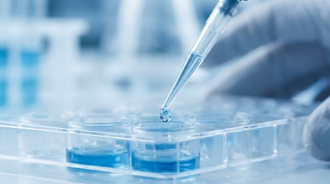 Scientist carefully dropping liquid from pipette into laboratory test plate