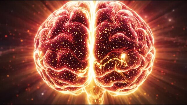 Radiant brain centered in a golden space explosion.