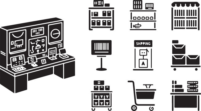Ecommerce, store, icons, set, black, white, vector graphics