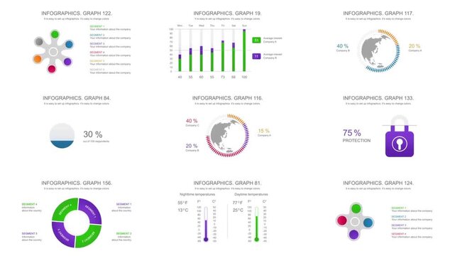 Animated business infographics element pack with charts graphs and data visualization