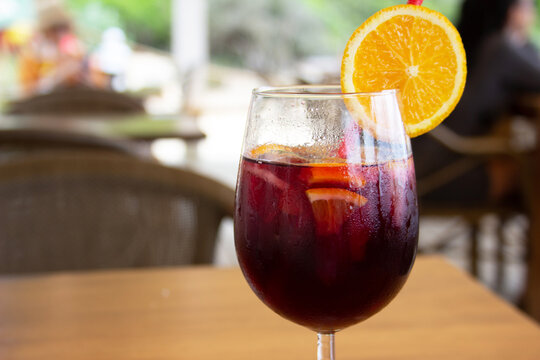 Glass of Traditional Spanish Sangria on Table at Summer Beach Bar