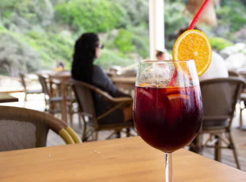 GGlass of Traditional Spanish Sangria on Table at Summer Beach Bar