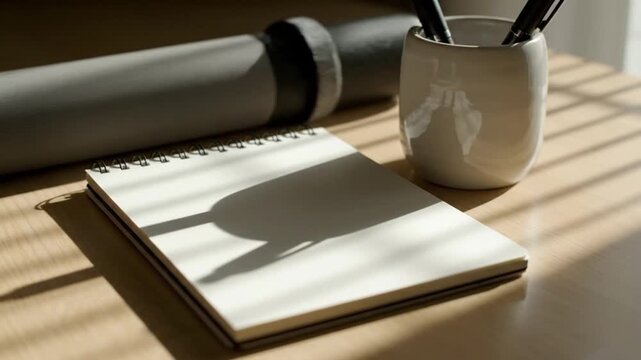 Sunlight illuminates notepad and pens on wooden desk, creating striped shadows