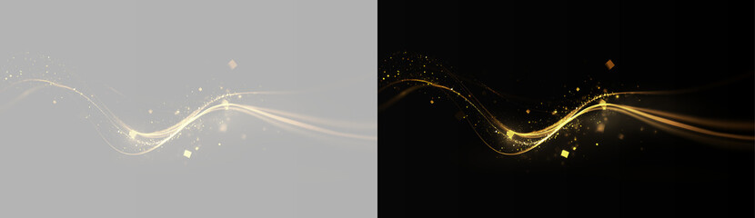 Fototapeta premium golden magic dust arc on gray and black background, realistic glowing gold holiday sparks trail overlay