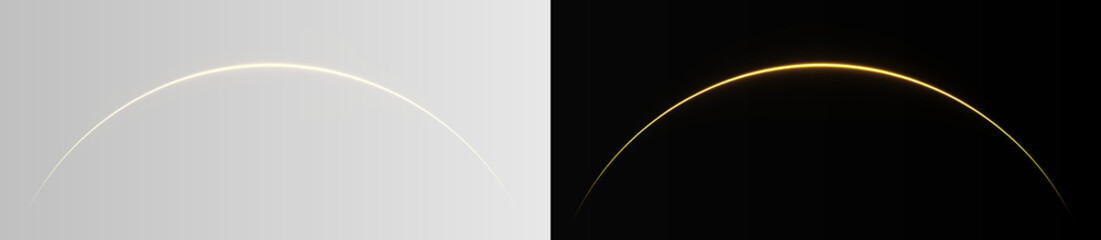 Abstract golden planetary horizon curve on gray and black background, minimalist neon gold light arc orbit overlay © Maxim