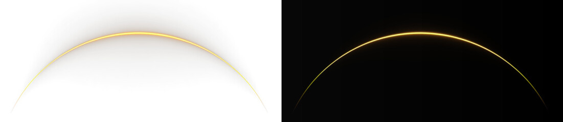 Abstract golden planetary horizon curve on white and black background, minimalist neon gold light arc orbit overlay © Maxim