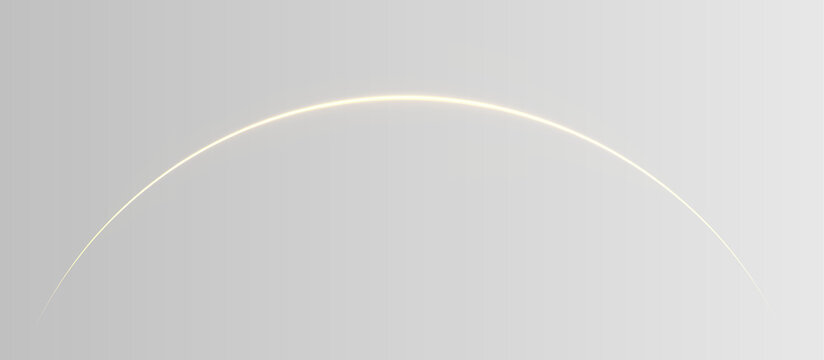 Abstract golden planetary horizon curve on gray  background, minimalist neon gold light arc orbit overlay