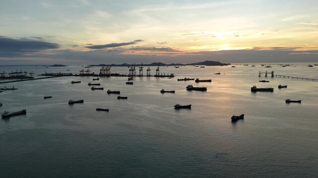 Many Oil Crude Gas Tanker Ship, Cargo container Ship offshore mooring at Ocean Bay Petroleum Chemical export import transportation and logistics	
