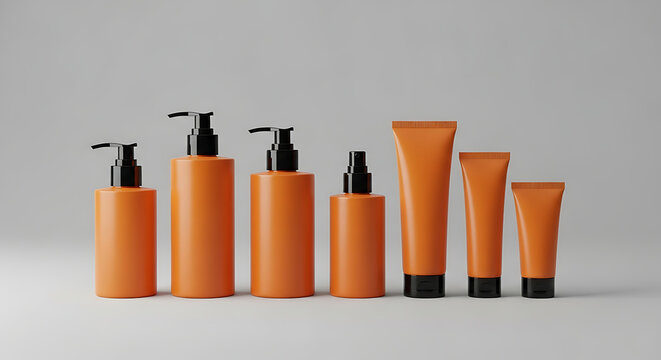 Seven matte orange cosmetic bottles with black pump and caps