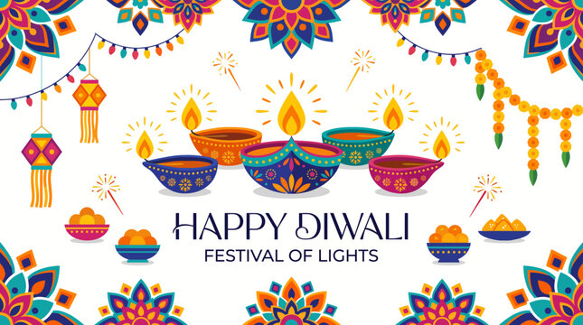 Festive Diwali celebration background with colorful oil lamps marigold garlands and traditional Indian sweets