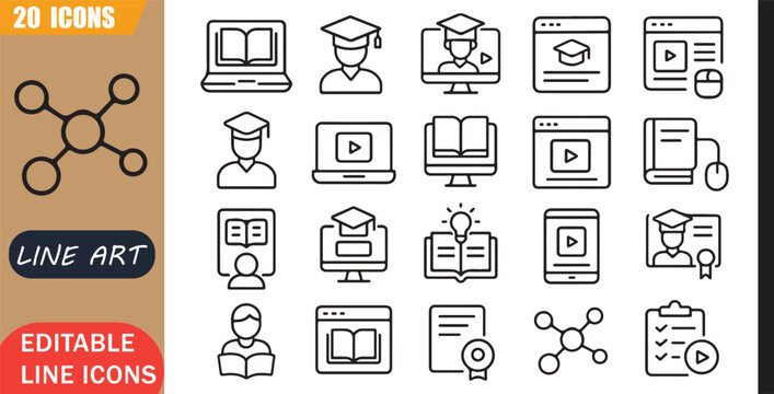 Isolated Educational Platform Icons Set, 20 Editable Line Art Icons Set, Elearning Course Technology, Student Training Knowledge, Digital Education System, Minimal Outline Vector