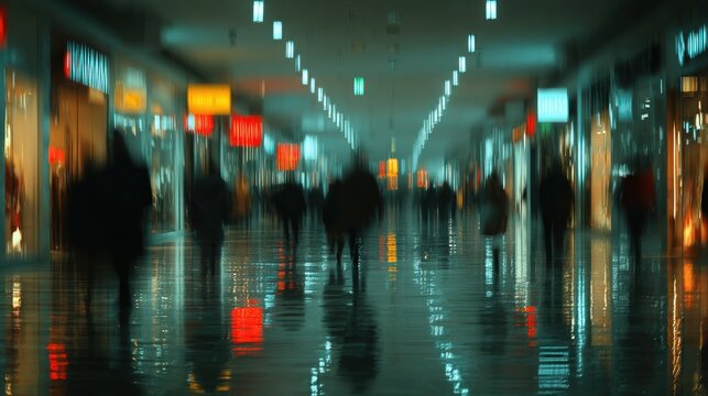 People walking down a hallway in a mall with lights on sale discount concept