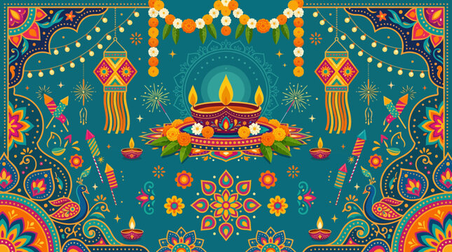 Traditional Burning Diwali Diya Lamp Vector Graphic with Colorful Mandala Pattern on Purple Background
