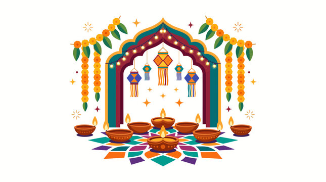 Colorful Happy Diwali festival vector illustration with people fireworks diyas and traditional Indian cultural elements