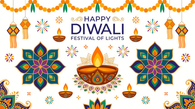 Festive Diwali vector illustration with burning diya lamps colorful rangoli and decorative floral arch on white