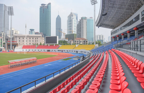 Hankou Sports Stadium Center with Modern City Skyline Panoramic View