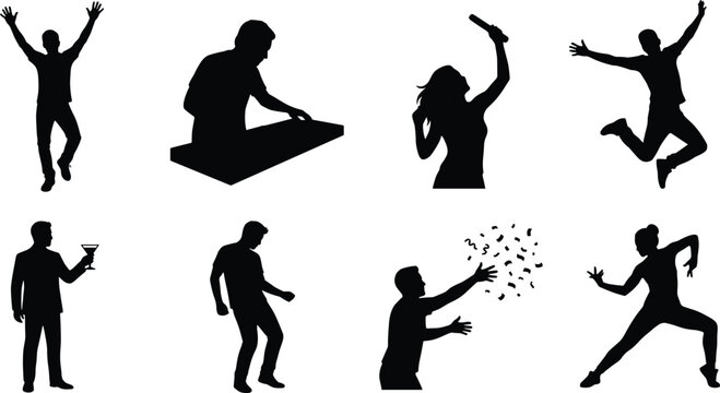 Vector silhouettes of people partying at a nightclub featuring a music DJ dancing crowd and confetti celebrations