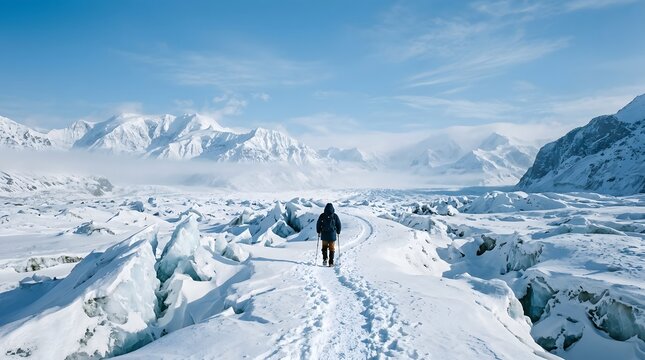 Lone hiker walks through vast snowy glacier landscape with mountains