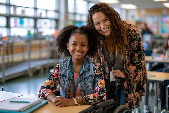 Portrait of African American girl age 8 in wheelchair at her desk in accessible inclusive classroom. Teacher standing beside her, both smiling warmly. Ramps visible. Accessible education concept.