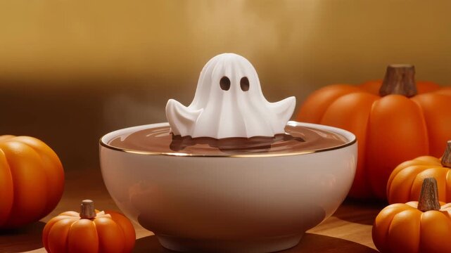 Cute Ghost Marshmallow in Hot Chocolate with Pumpkins