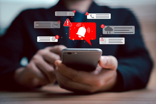 Alert notification concept on smartphone with warning icons include messages, email, calls and system updater for Mobile communication, digital security, urgent alerts, reminders on application.