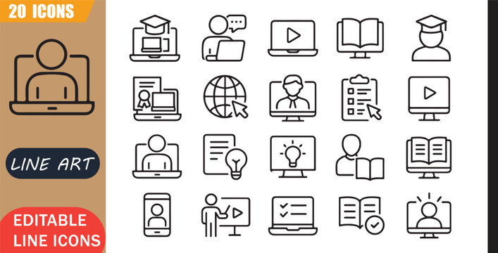 Isolated Online Education Icons Set, 20 Editable Line Art Icons Set, Elearning Course Training, Student Knowledge Study, Digital Learning Platform, Minimal Outline Vector