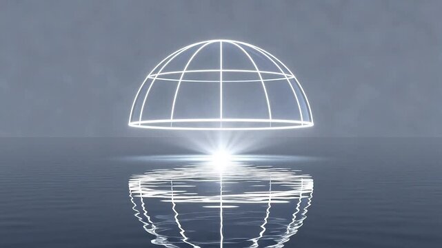 White hemispherical grid structure floating above calm water with bright bottom reflection
