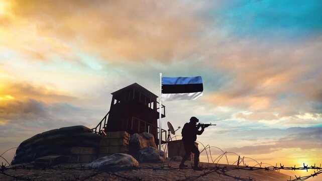 A soldier aiming a weapon near a watchtower with an Estonian flag