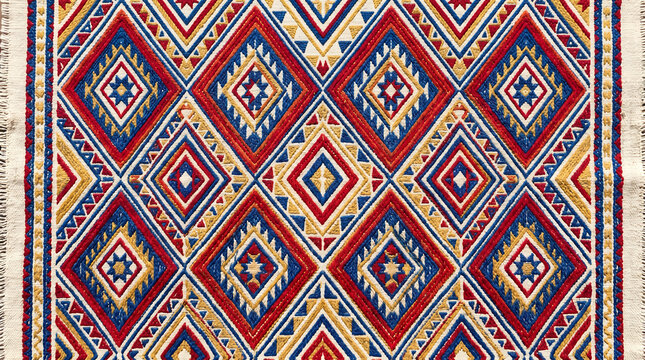 Vibrant Bohemian Tribal Kilim Rug Pattern with Geometric Diamond Design