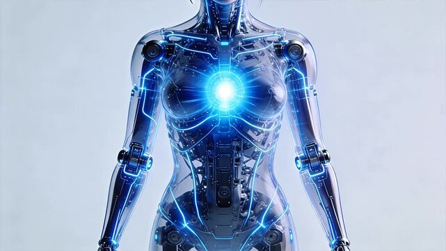 Transparent female humanoid robot with glowing blue internal mechanical structure and circuits