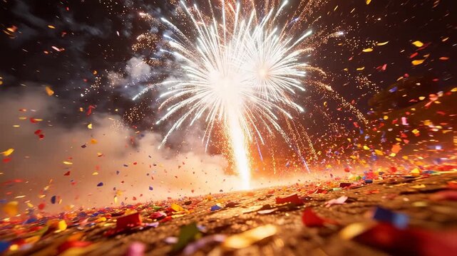 Night fireworks exploding with colorful confetti and smoke over ground