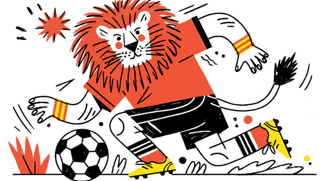 Hand drawn textured doodle illustration of a cute cartoon lion soccer player with a football