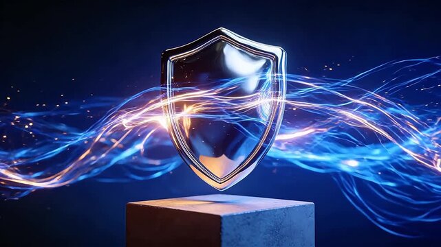 Translucent shield floating above cube with glowing particles and dark blue background