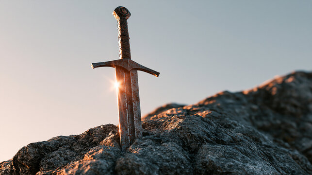 longsword. A weathered longsword plunged into a craggy rock, sunlight glinting. event programs, museum guides, designed for cultural heritage projects and event programs.