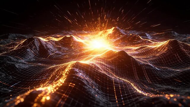 Digital terrain with undulating grid mountains and flowing orange golden light points