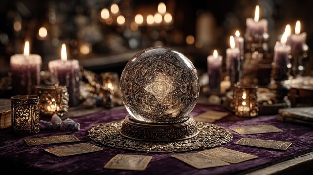 Crystal ball sitting on a table with candles fortune teller