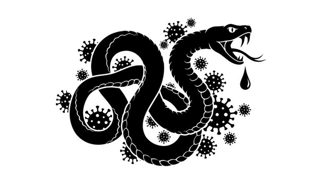 Fierce Black Cobra Snake Surrounded by Microscopic Virus Particles Symbolizing Disease Outbreak and Danger