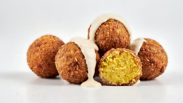 Fried cornballs with white sauce on white background