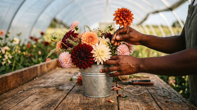 Close up of hands arranging colorful dahlia flowers in metal bucket on wooden workshop table