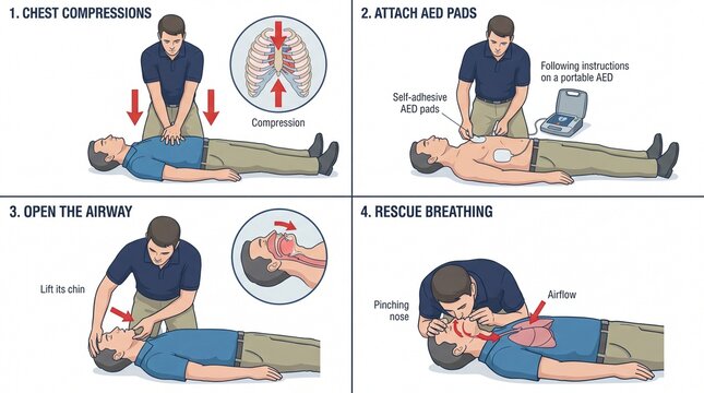 Illustrated CPR and AED guide demonstrating chest compressions, airway clearance, rescue breathing for emergency medical response.