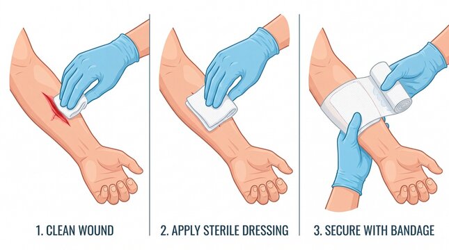 "Step-by-Step Medical First Aid: Cleaning Minor Wounds, Applying Sterile Dressings, and Securing with Bandages &ndash; Professional Illustration for Healthcare Education"