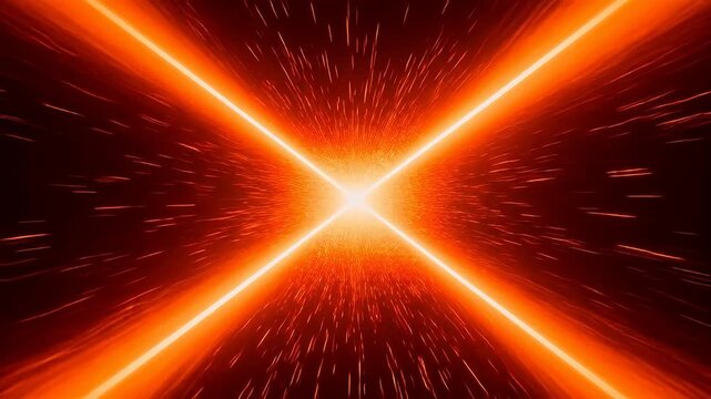 Orange and red light beams crossing at bright center point on black background