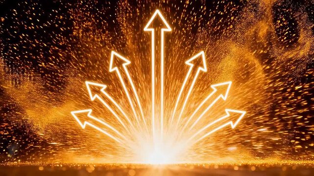Glowing golden arrows pointing upward and outward with particles and fluid light on black background