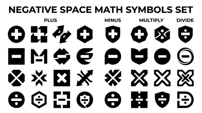 Set of creative negative space math symbols featuring plus minus multiply and divide negative multiply collection