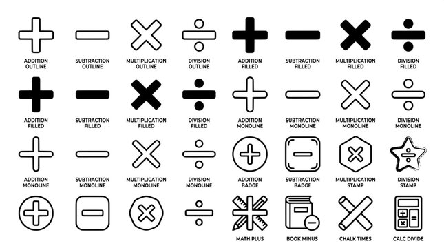 Comprehensive collection of addition subtraction multiplication and division math operator icons with operators