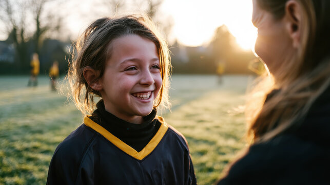 happy girl in sports uniform talking to a sports coach outdoors