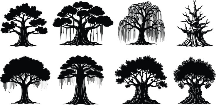Collection of artistic tree silhouette designs featuring diverse shapes, branching patterns, canopies, vines, and leafless twisted trunks